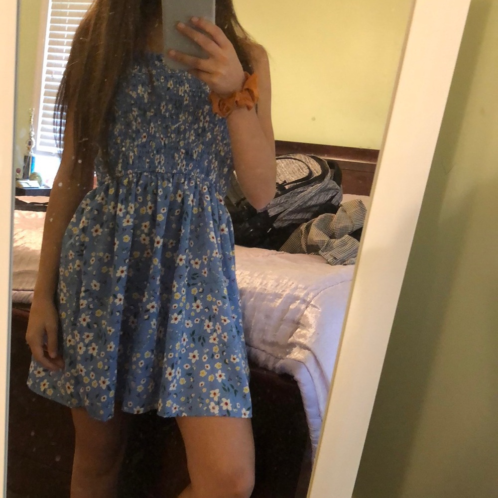 Blue floral strapless dress from Boohoo